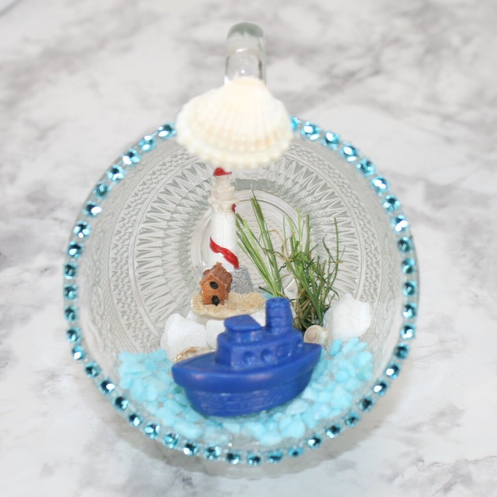 HAND CRAFTED Lighthouse Boat Ocean Beach Decor Ornament Upcycled Cup Shells